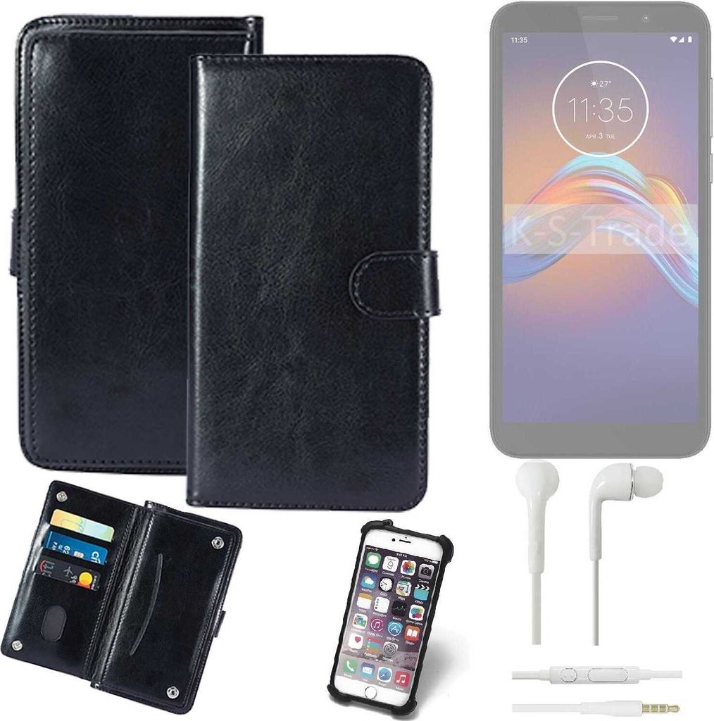 K-S-Trade 360° Hülle kompatibel mit Motorola Moto E6 Play inkl. Headphones schwarz Kunstleder Case BookCase WalletCase Kunstlederederhülle