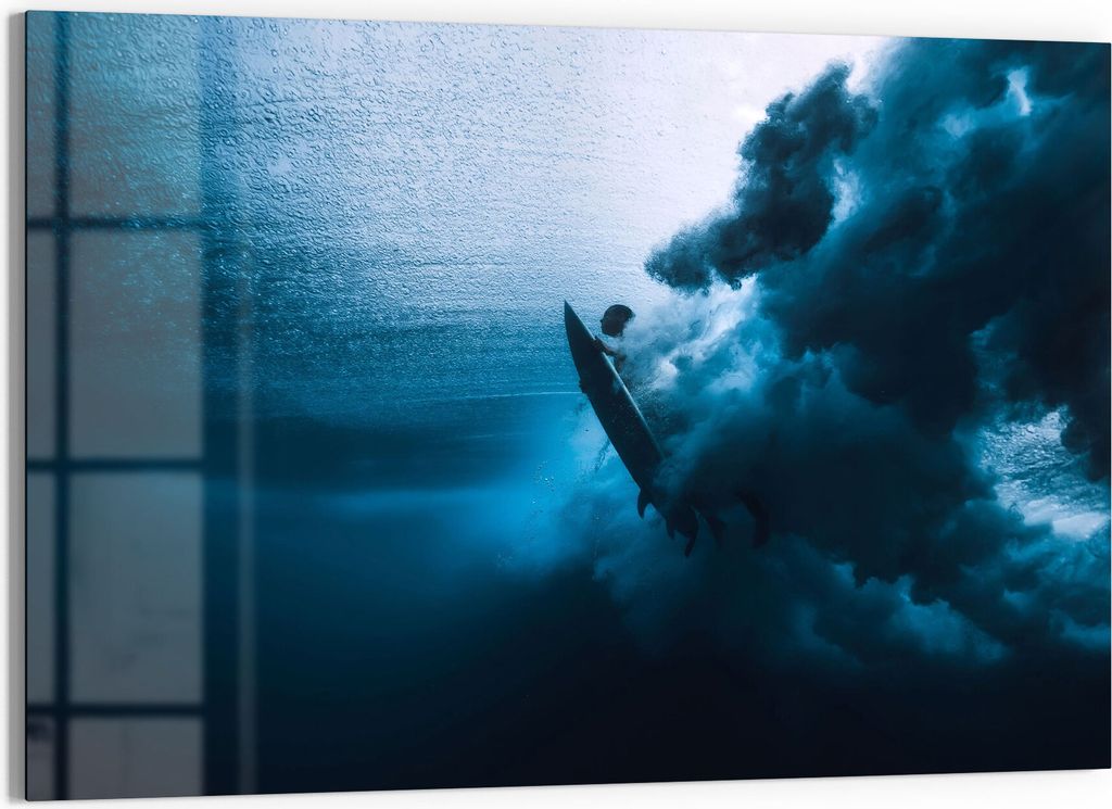 DEQORI Glasbild Echtglas 90x60 cm 'Surfer taucht Unterwasser' Wandbild Bild modern Deko
