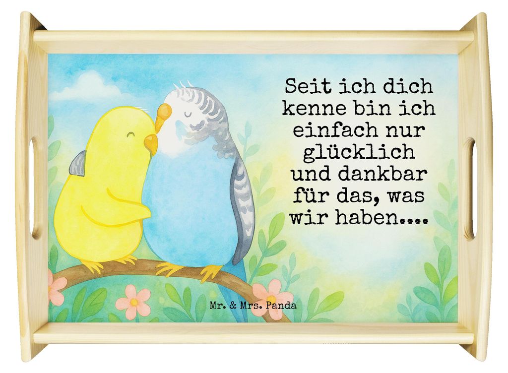 Mr. & Mrs. Panda Serviertablett Wellensittich Liebe Design - Weiß - Geschenk, sofatablett, Tablett, Servier, Verknallt, Umarmung, Holztablett, gl...