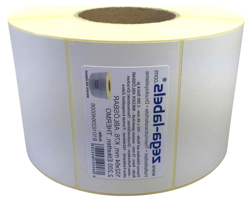 Thermoetiketten auf Rolle - 102 x 64 mm - 2.200 Stück pro Rolle - Kern: 76 mm - außen gewickelt - WIEDER ABLÖSBAR - Druckverfahren: Thermodirekt