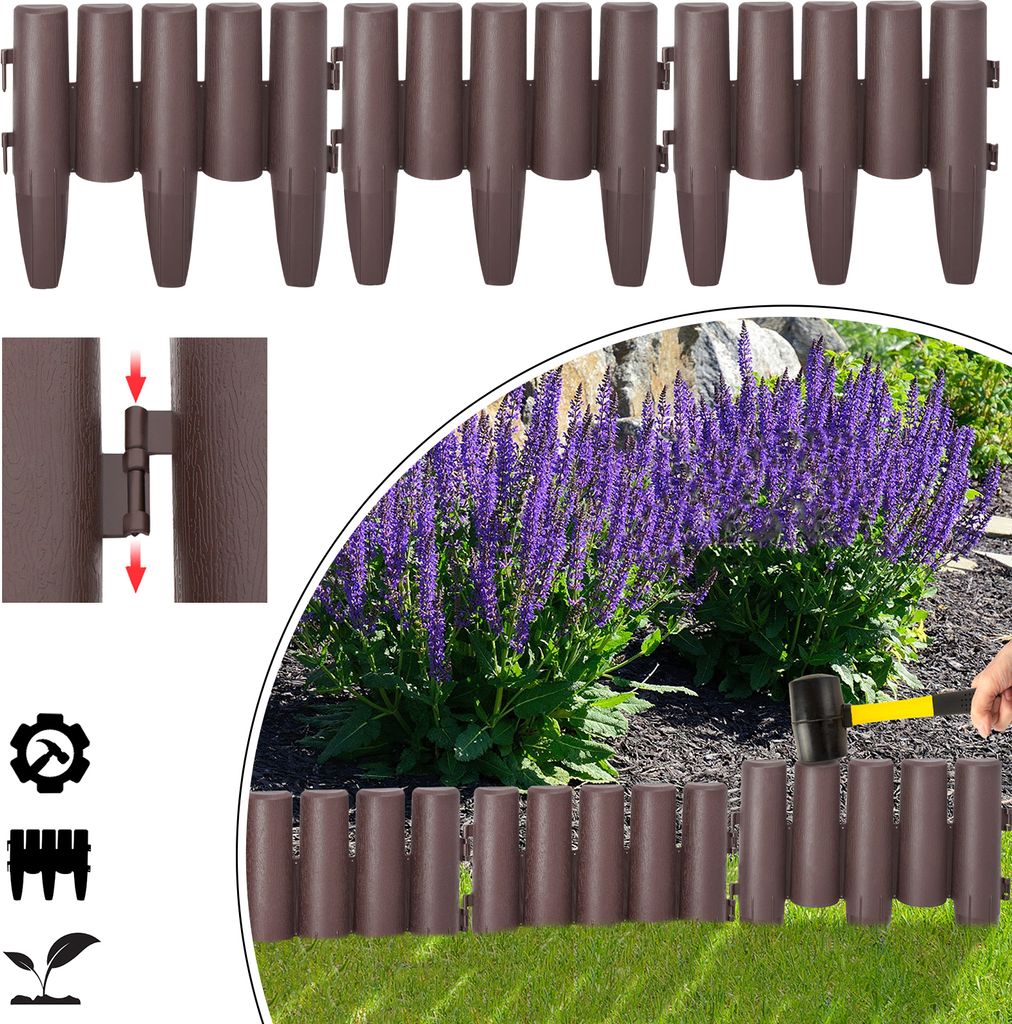 NAIZY Rasenkante 19,6m Holz Optik Garden Border aus Polypropylen, Mähkante Beetumrandung Palisade Garten dekorativ, 1 Element BxHxT: 28x24x1cm, 70...