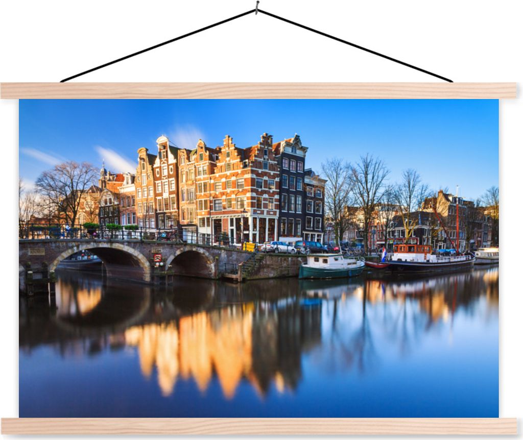 MuchoWow Textilposter Gracht - Amsterdam - Haus 120x80 cm mit holzfarbenen Rahmen - Aufhängeset