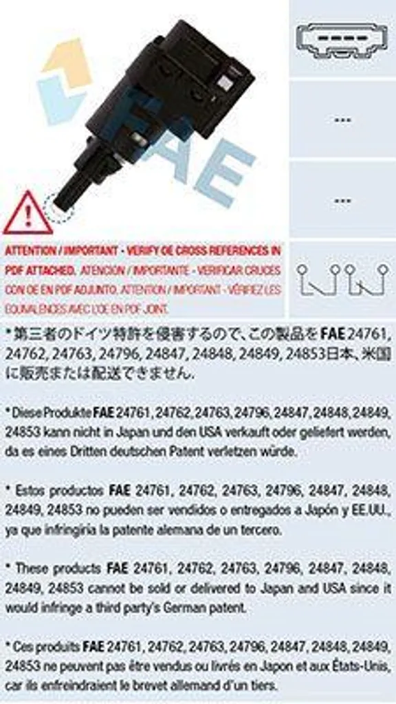 FAE 24763 Interruttore Luci Stop OE 6Q0945511 per VW Golf V Polo Audi A3