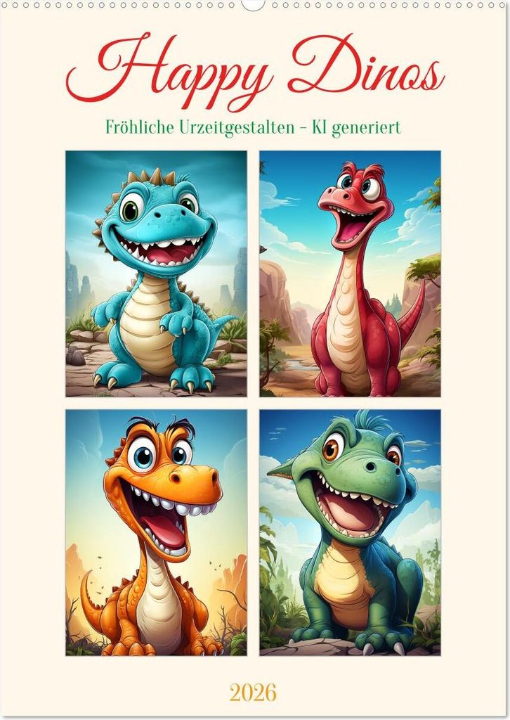 Happy Dinos (Wandkalender 2026 DIN A2 hoch), CALVENDO Monatskalender