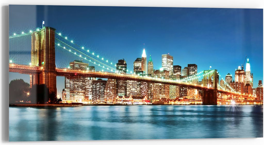 DEQORI Glasbild Echtglas 60x30 cm 'Lichter von Brooklyn' Wandbild Bild modern Deko