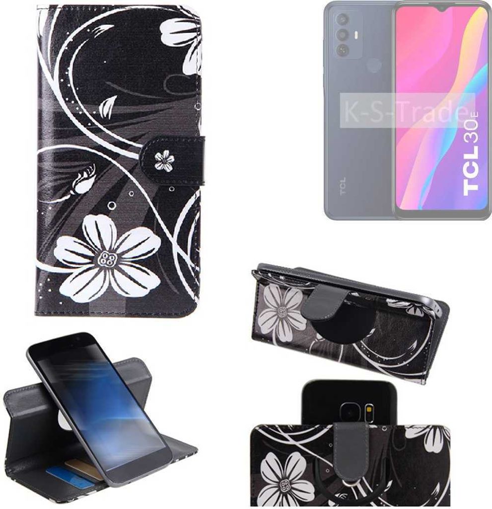 K-S-Trade Schutzhülle Handyhülle kompatibel mit TCL 30 E Hülle 360° Wallet Case “Flowers“ Klapphülle Hülle schwarz-weiß 1x