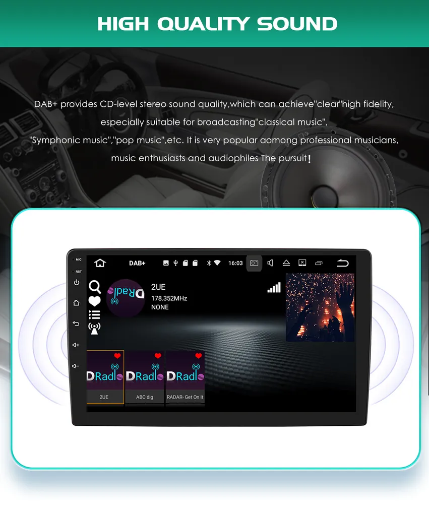 Écran voiture Android avec navigation GPS et support radio DAB+ USB