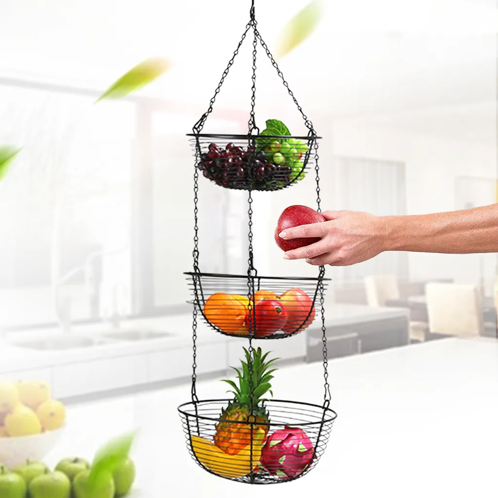 Rangement fruits et vaisselle : panier suspendu 3 couches gain de place