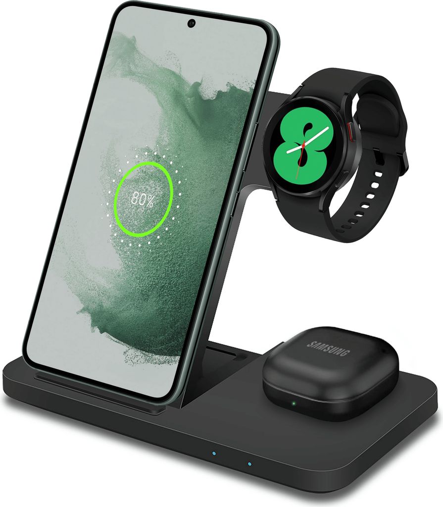 CHEROY 3 in 1 Ladestation - 15 W Qi Kabelloses Ladegerät - Für Samsung Smartphones, Galaxy Watch, Galaxy Buds - Schwarz