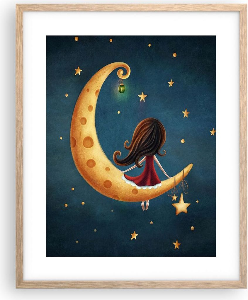 Gerahmtes Poster - Rahmen in heller Eiche - Kinder Mädchen Mond - 40x50 cm - Wand Bild - Wanddeko - Wandbilder - Kunstposter - Wandposter - Bilder...