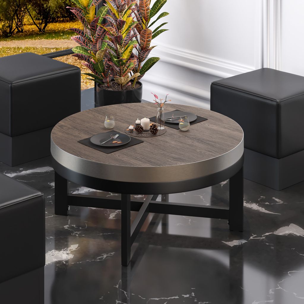 BO | Bistro Lounge Tisch | Ø80xH34cm | 50mm | Edelstahl Rand | Light Wenge/ Schwarz | Bistro Lounge Tisch Restauranttisch
