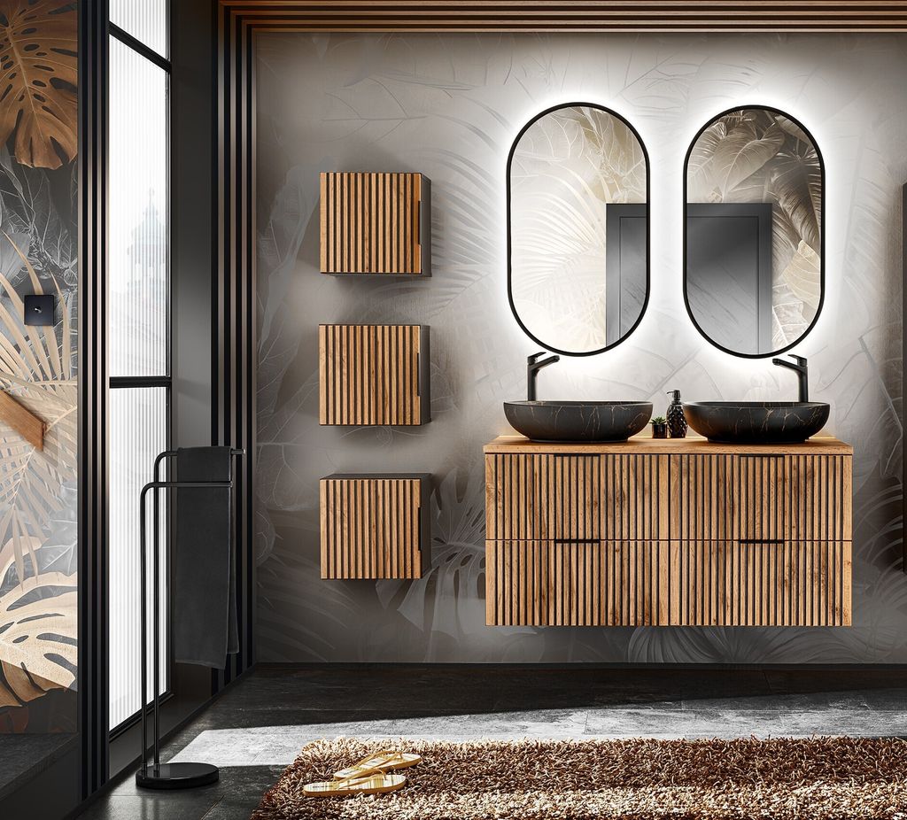 MONTIERT Design Badmöbel Set XILO 120 cm mit 2 Waschbecken LED Soft-Close verschiedene Kombinationen Waschtisch Spiegel 3xHängeschrank