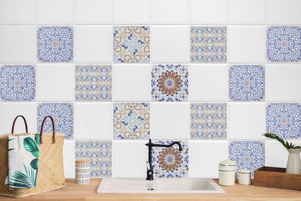 24 Stück Laminierter Wandaufkleber Bad Küche Selbstklebende Bad Deko Pastellornamente 20 x 20 cm