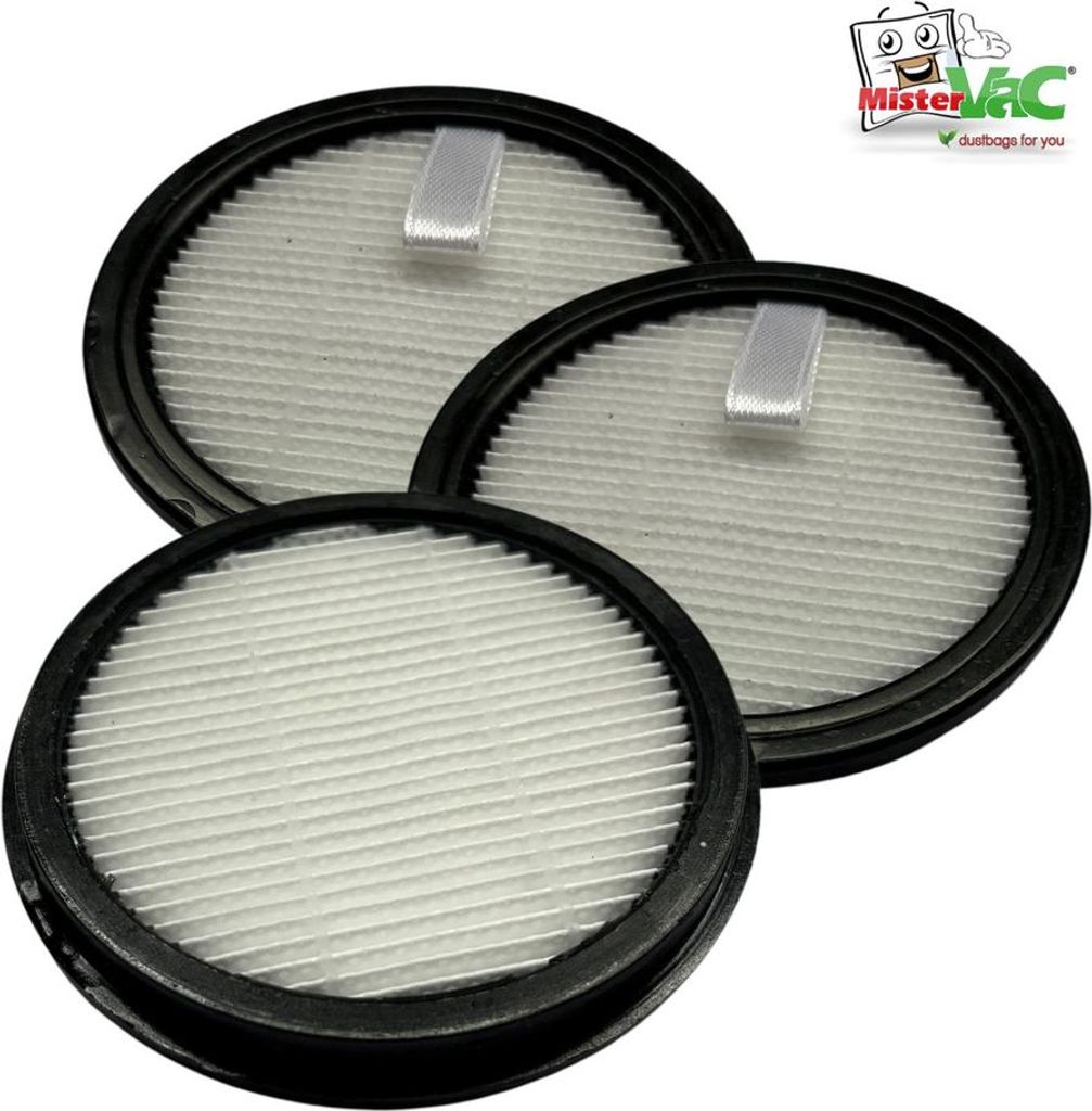 Three round vacuum cleaner filters are arranged in a layered formation against a white background.