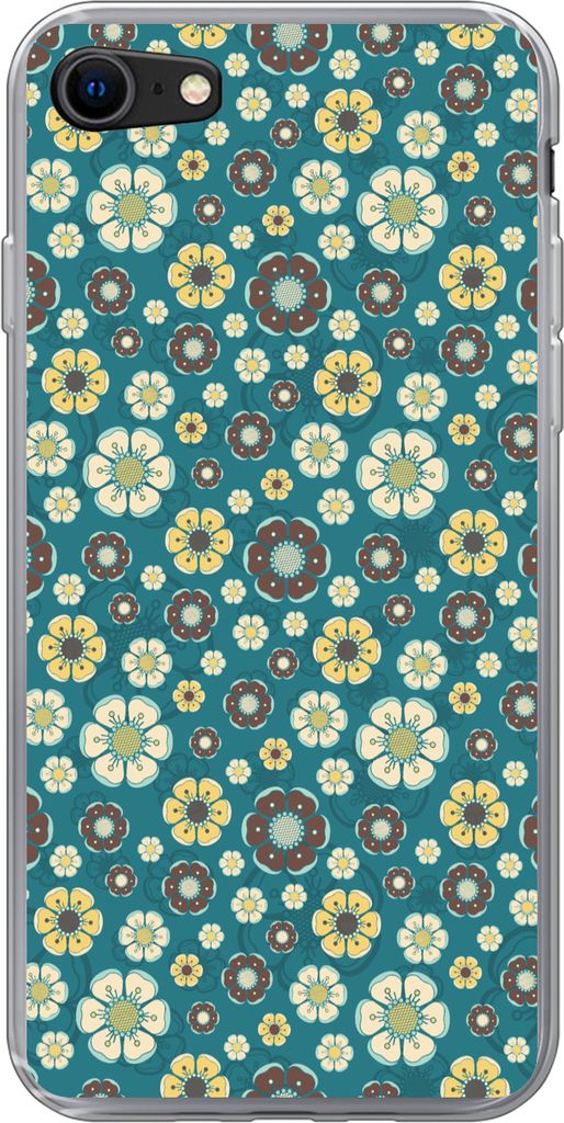 MuchoWow Handyhülle Schutzhülle Hülle für Telefoonhoesje iPhone 8 Retro - Blumen - Muster - Blau Silikon Softcase Handy Hülle - Schutzhaube