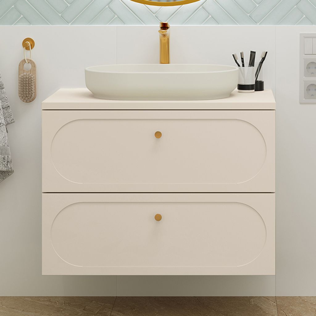 Waschtisch 80 cm in sandbeige mit Aufsatzwaschbecken, hängend mit goldenen Knopfgriffen - DESENZANO-56