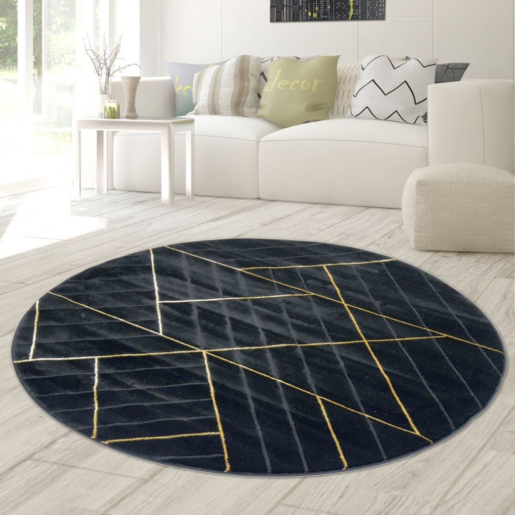 Teppich modern Designerteppich geometrisches Muster in schwarz gold Größe - 200 cm Rund