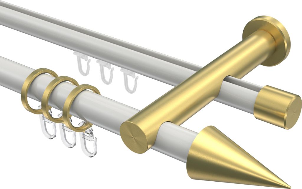 Interdeco Rundrohr-Innenlaufstange / Gardinenstange (Kombination) Weiß / Messing-Optik, Typ Platon Savio (Kegel), 20 mm Ø 2-läufig, 140 cm