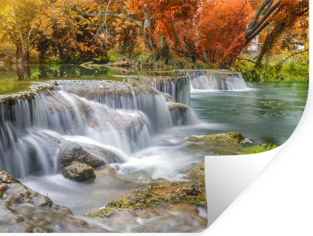 MuchoWow Wandtattoo Wandsticker Wandaufkleber Herbst - Wasserfall - Natur - Bäume 120x90 cm Selbstklebend und Repositionierbar - Aufkleber