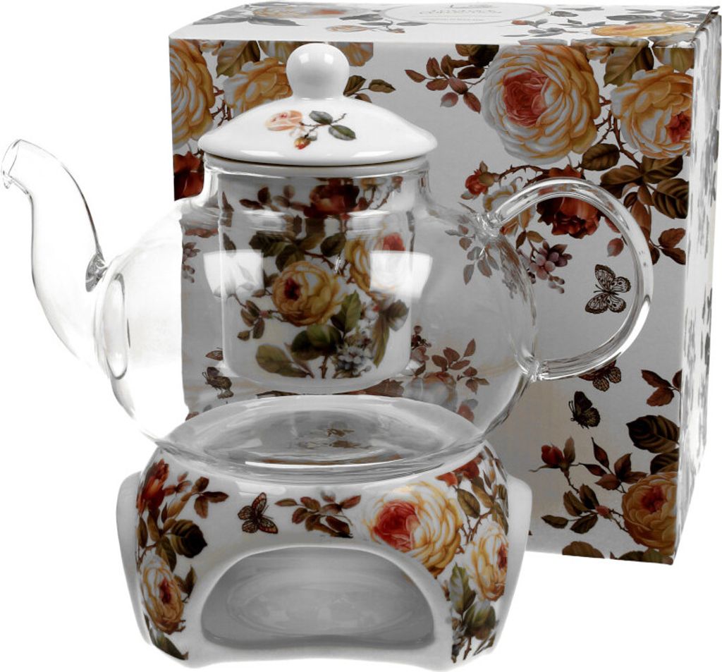 DUO FLORAL Teekanne 1000 ml ZAHRA mit Stövchen, Glas - New Bone China Porzellan