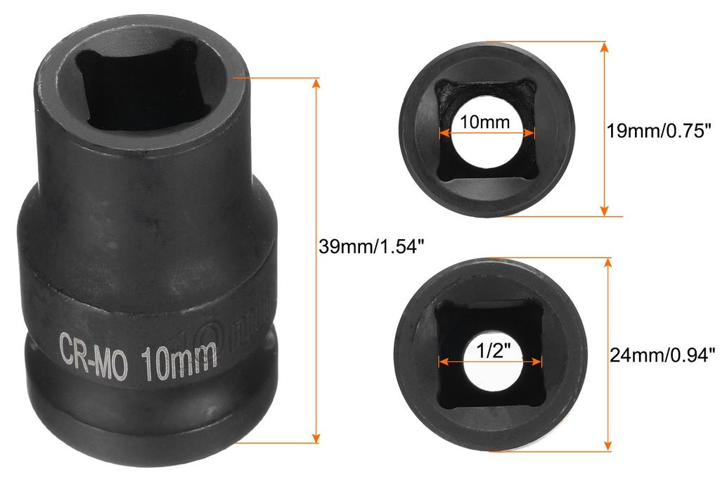 2 Stš¹ck 4-Punkt-Viereckbuchse 1/2" Antrieb 10mm Stecknuss, Metrische Viereck-Impact-Buchse CR-MO-Verdunkelung Standard-Rad-Buchsen Pneumatische ...