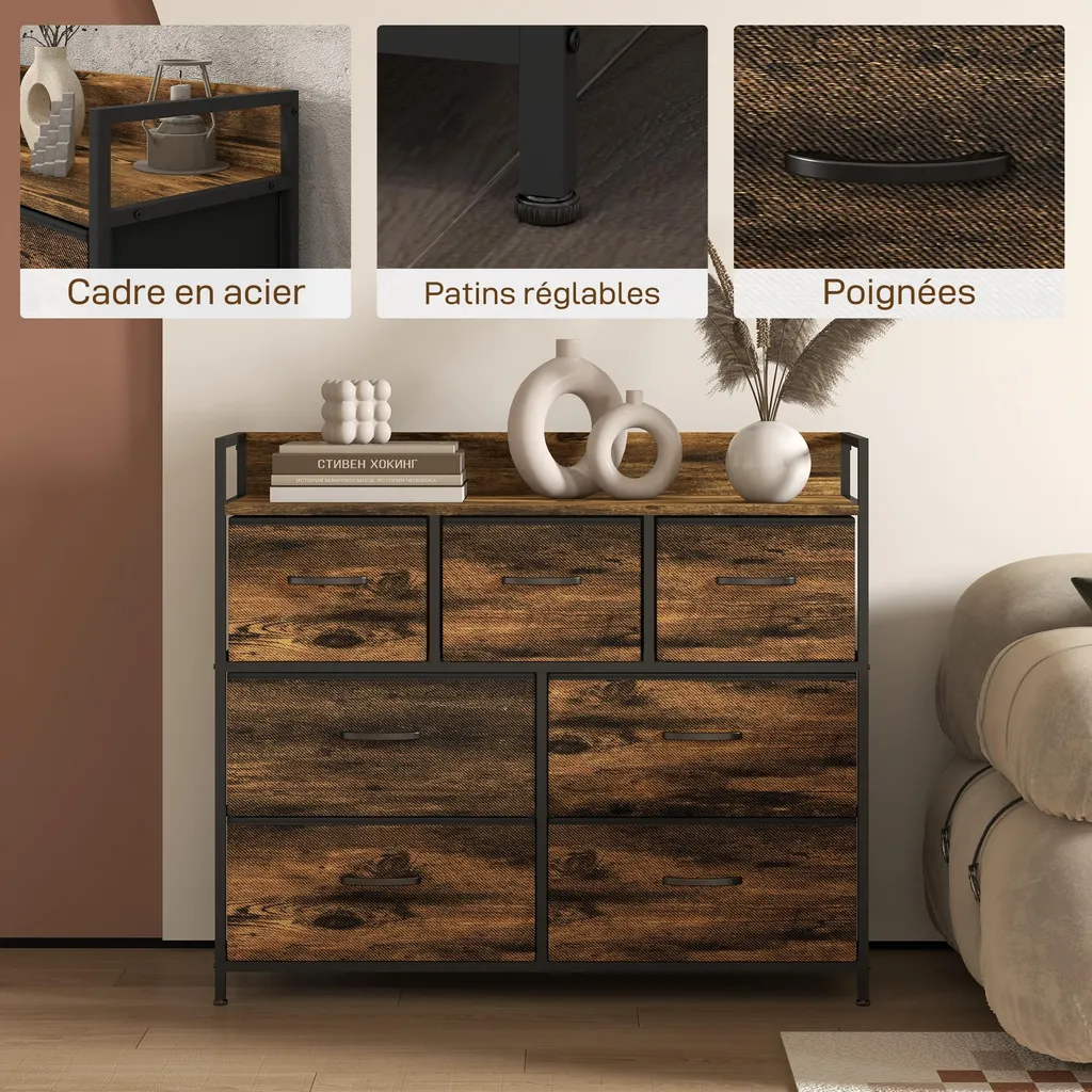 Commode en tissu pliant avec structure acier noir et bois rustique