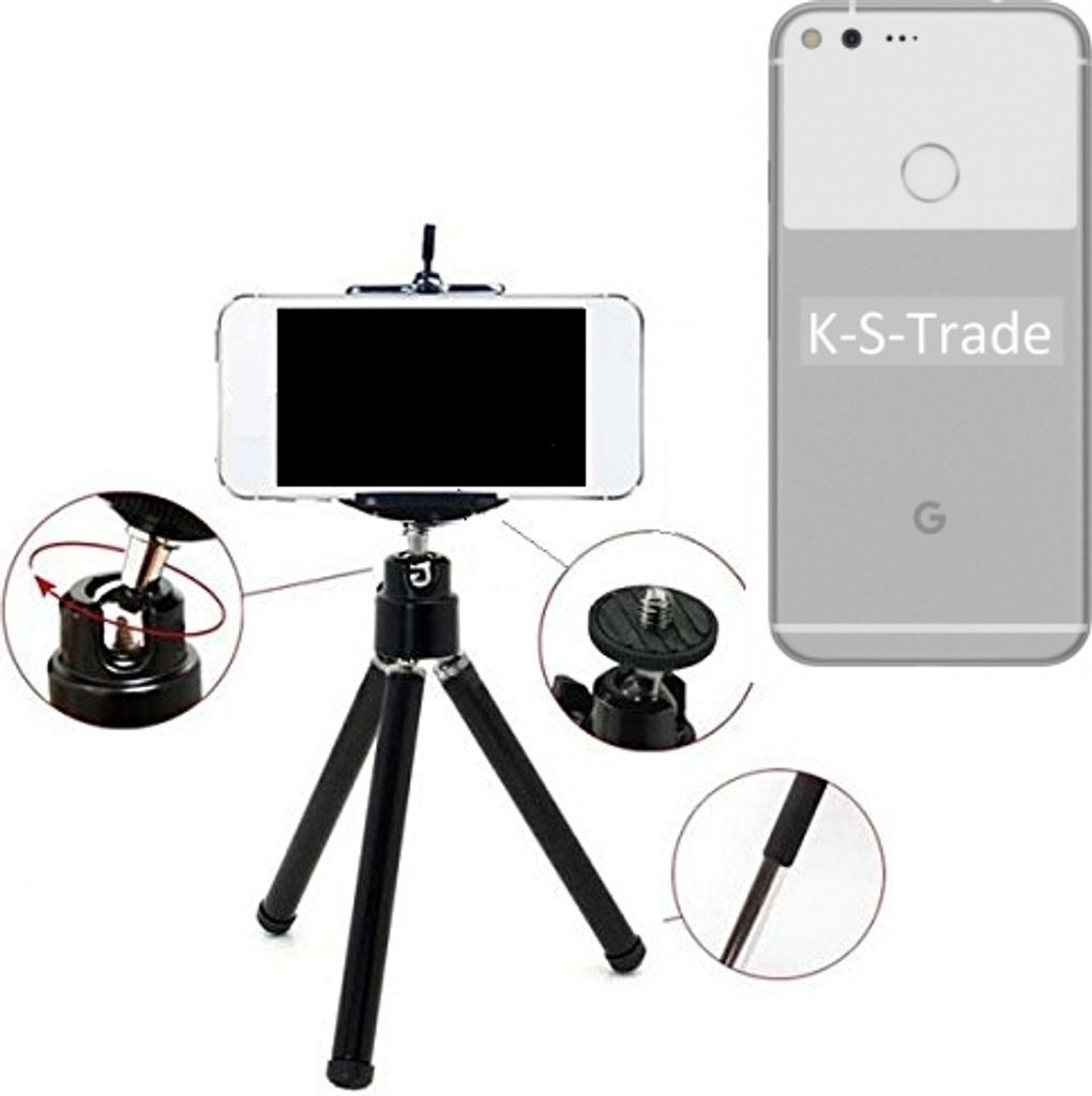 K-S-Trade Smartphone Stativ Dreibein kompatibel mit Google Pixel XL Tripod aus Aluminium Klemmstativ Stativ Adapter für Mobiltelefone schwarz 1x