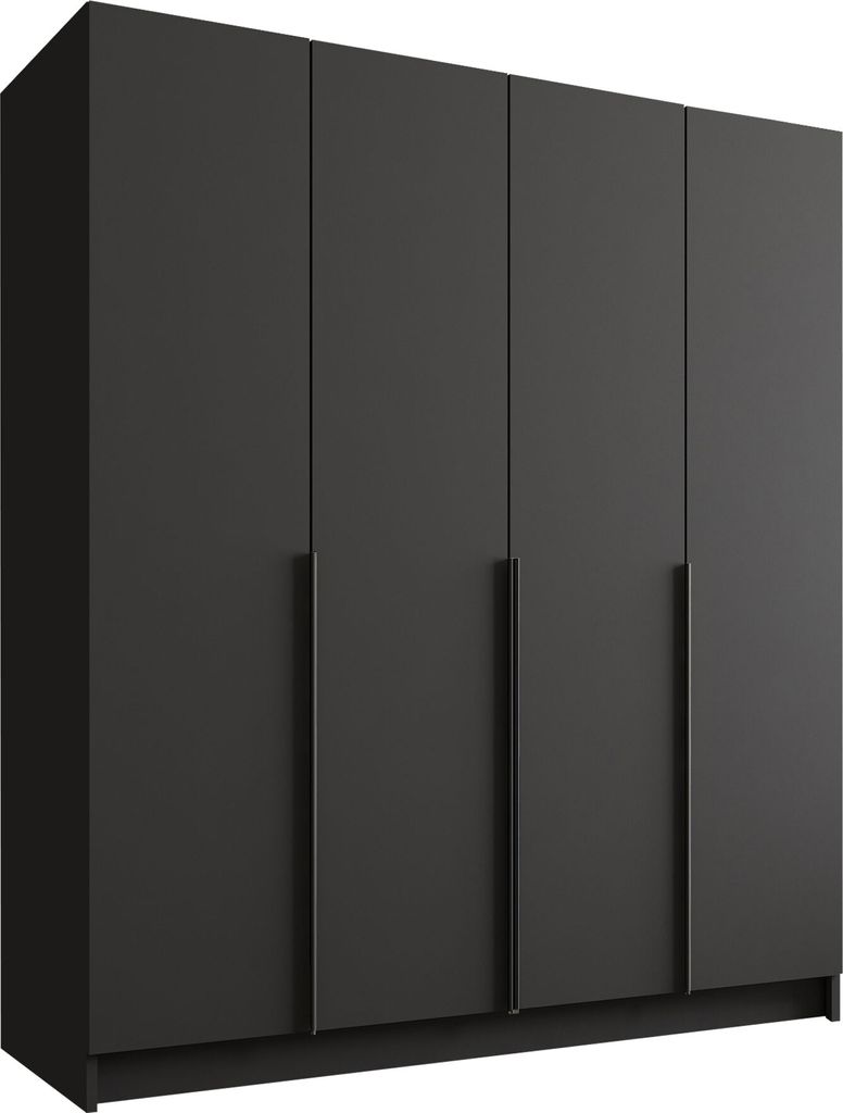 A dark gray wardrobe with four doors and metal handles, shown from a slight angle against a white background.