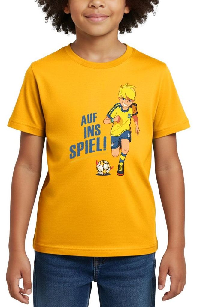 Spreadshirt Teufelskicker Auf Ins Spiel Kinder T-Shirt, 110/116 (5-6 Jahre), Gold