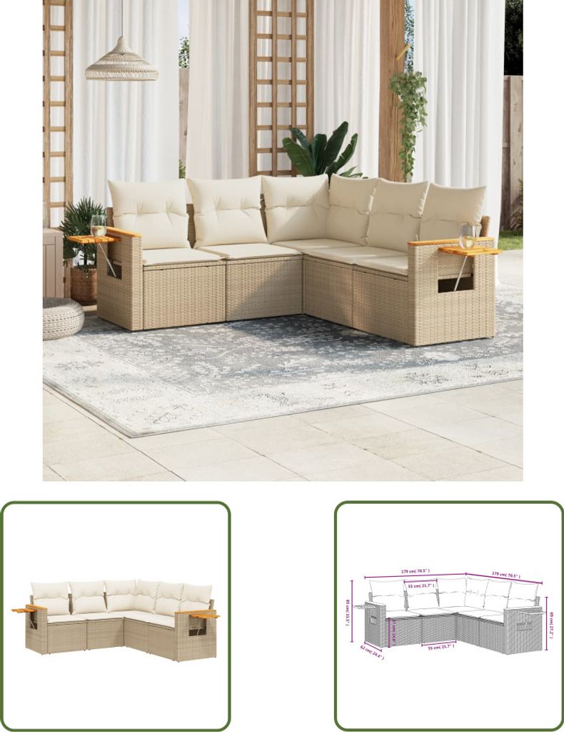 The Living Store 5-tlg. Garten-Sofagarnitur mit Kissen Beige Poly Rattan