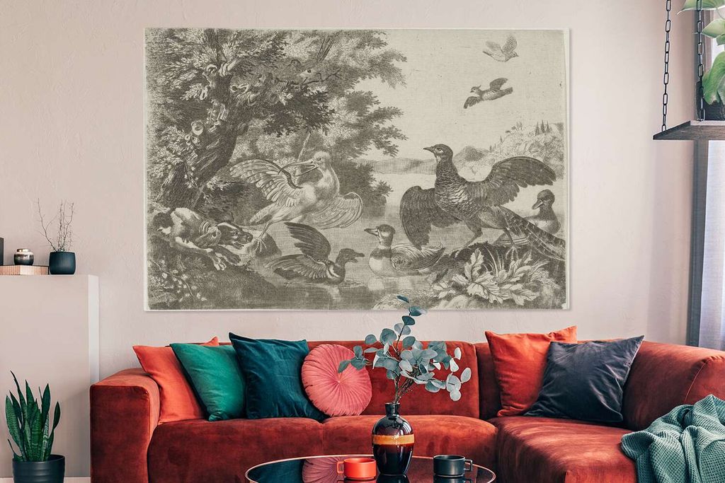 OneMillionCanvasses - Leinwandbilder - 150x100 cm, Wasservögel und ein Hund - Gemälde von Melchior d'Hondecoeter, Wandbilder Kunstdruck Wanddek...