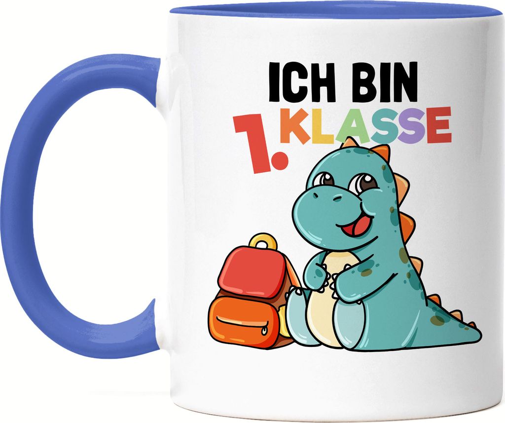 Ich Bin 1. Klasse Tasse Blau Süßes Dino Motiv T-Rex Schulkind Einschulung Geschenk