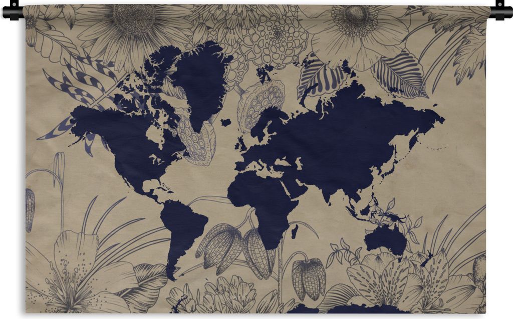 MuchoWow Wandteppich Wandbehang Weltkarte - Blumen - Blau 150x100 cm Tapisserie Dekoration Wandtuch - Waschbar - Tapisserien - Wand-Decke
