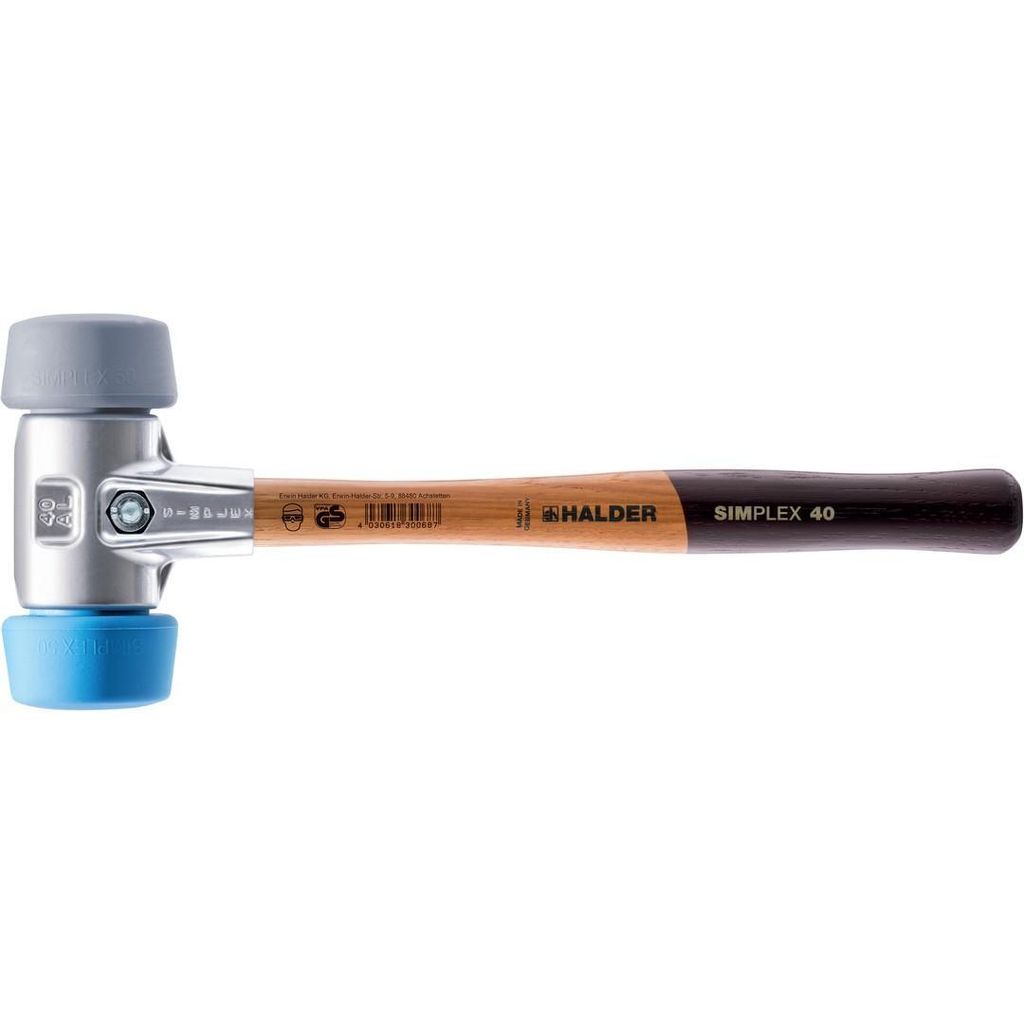HALDER SIMPLEX Schonhammer Ø 50:40 mm TPE-soft blau / TPE-mid grau mit Aluminiumgehäuse