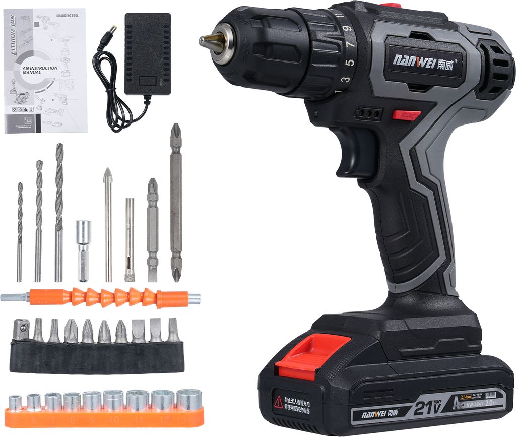 Elektrische Bohrer-Sets, Akku-Bohrer mit zwei Geschwindigkeiten, 25+1-Gang-Drehmomenteinstellung, 10-teiliger Bit-Anschluss, 9-teiliger Huelsen, 3-...