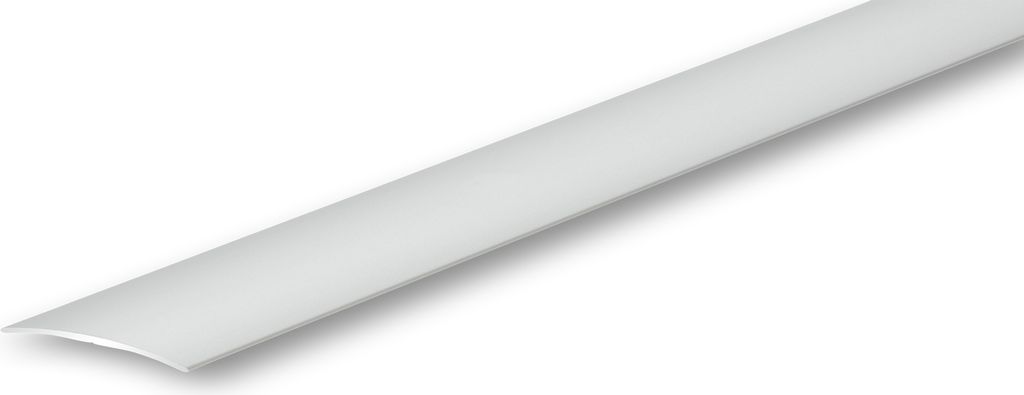 A close-up, studio shot of a silver transition profile strip against a white background.