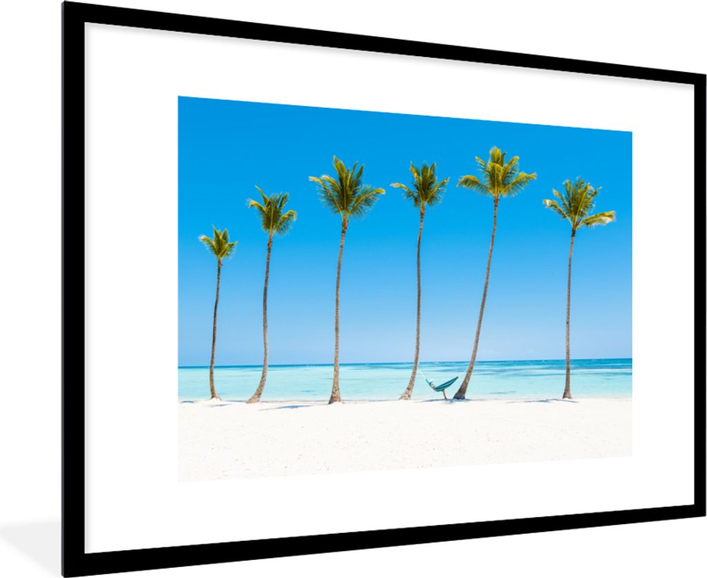 MuchoWow MuchoWow Gerahmtes Poster Meer - Palmen - Hängematte 90x60 cm - Poster mit zchwarzem Bilderrahmen - Wanddekoration - Fotos