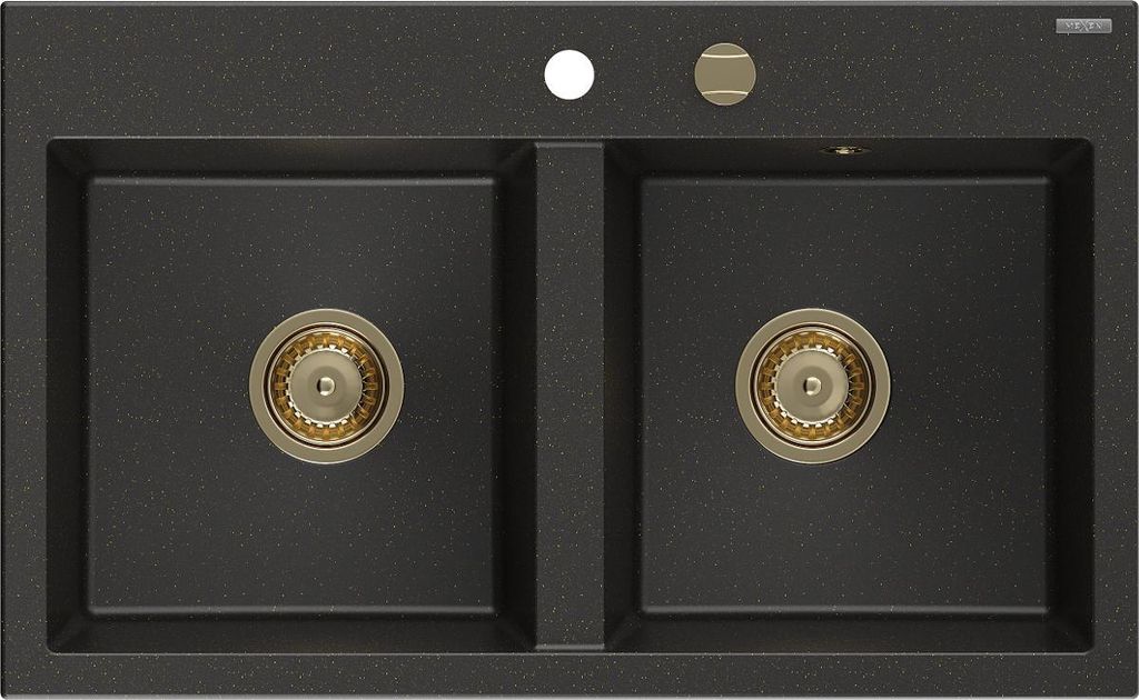 Mexen Hektor Granitspüle 2-Becken 800 x 480 mm, Schwarz/Gold Metallic, Siphon Gold - 6521802000-75-G