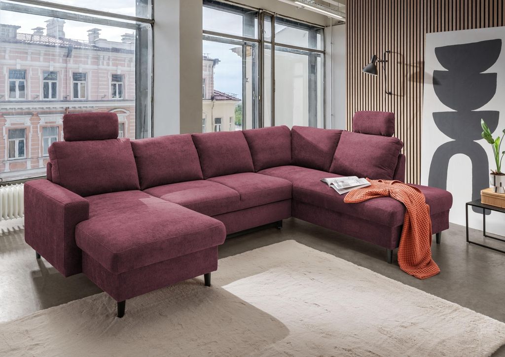 Wohnlandschaft >Pris< U-Form, Funktionen, fuchsia - 153x305x75x200 (LxBxHxT)