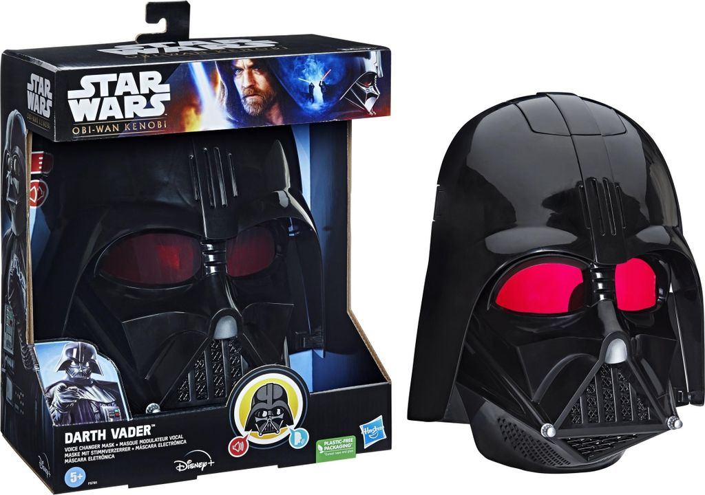 A Star Wars Darth Vader feature mask is shown in its packaging next to the mask itself.