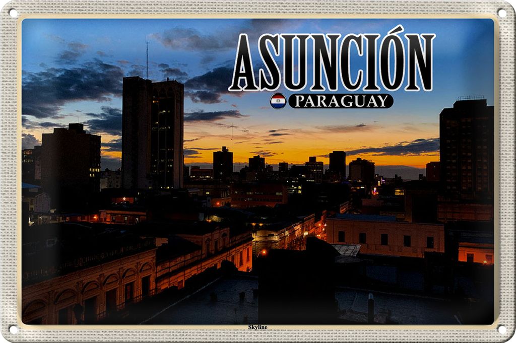 Blechschild Reise 40x30cm Asuncion Paraguay Skyline Sonnenuntergang