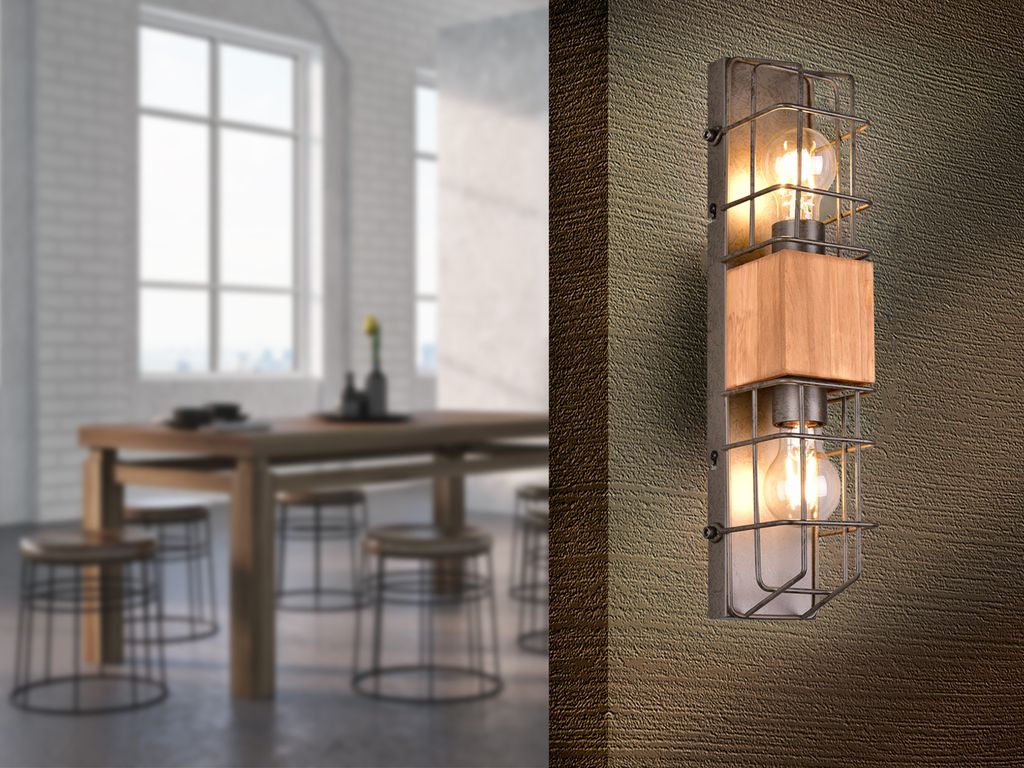 2-flammige Industrial Gitter Wandleuchte mit Holz für Treppenhaus & Wohnzimmer