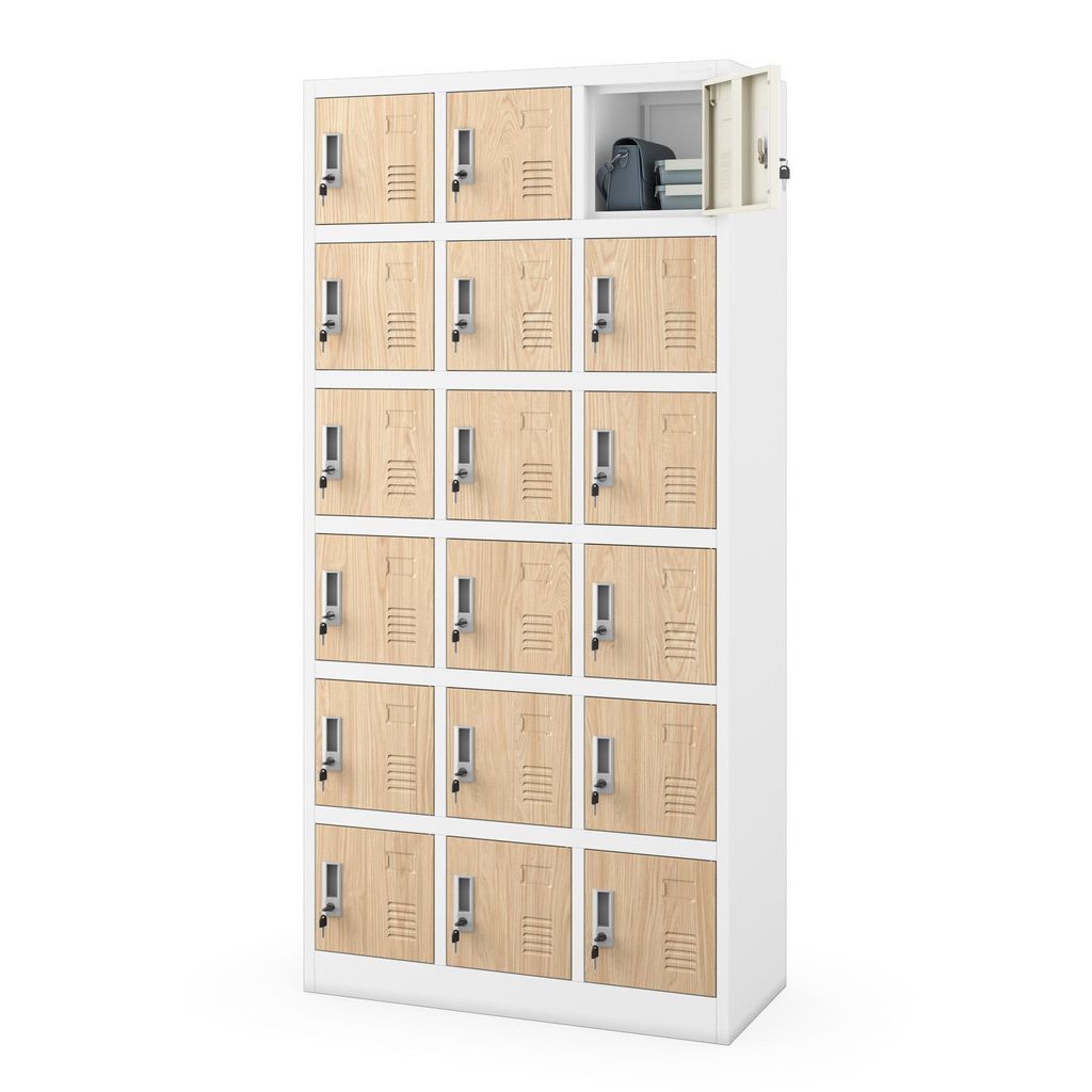 A tall, white metal locker unit with 18 wooden-fronted compartments, arranged in a 3x6 grid. One top compartment is open, revealing a dark bag and some books inside. The locker unit is presented against a plain white background.