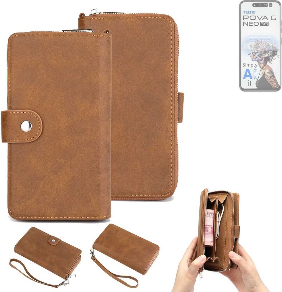 K-S-Trade Handyhülle Schutzhülle kompatibel mit Tecno Pova 6 Neo 5G & Portemonnee Tasche Handytasche Case Etui Geldbörse Wallet braun (1x)