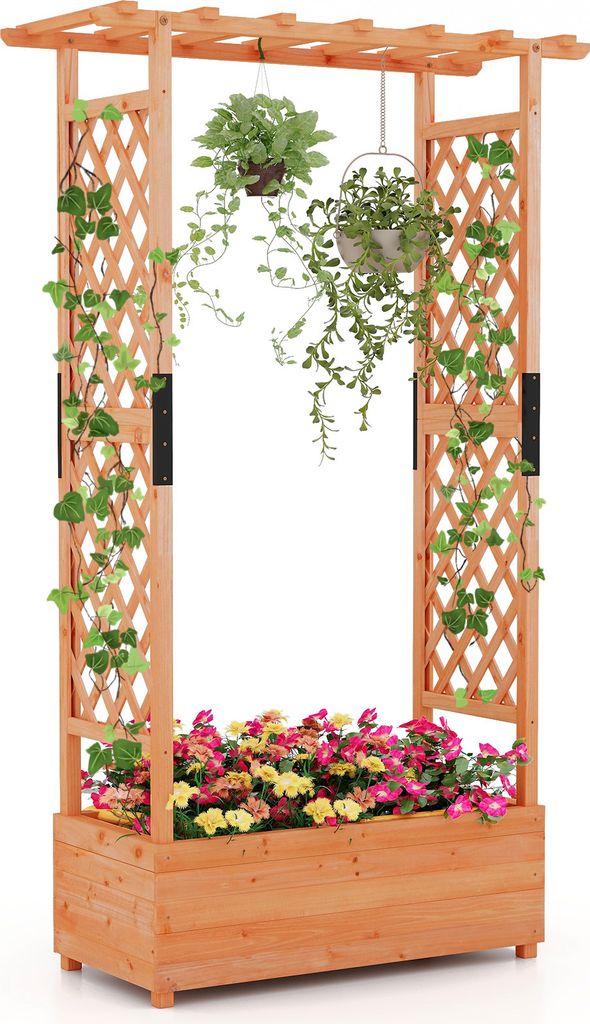 A wooden planter box with a trellis structure, adorned with climbing plants and flowers.