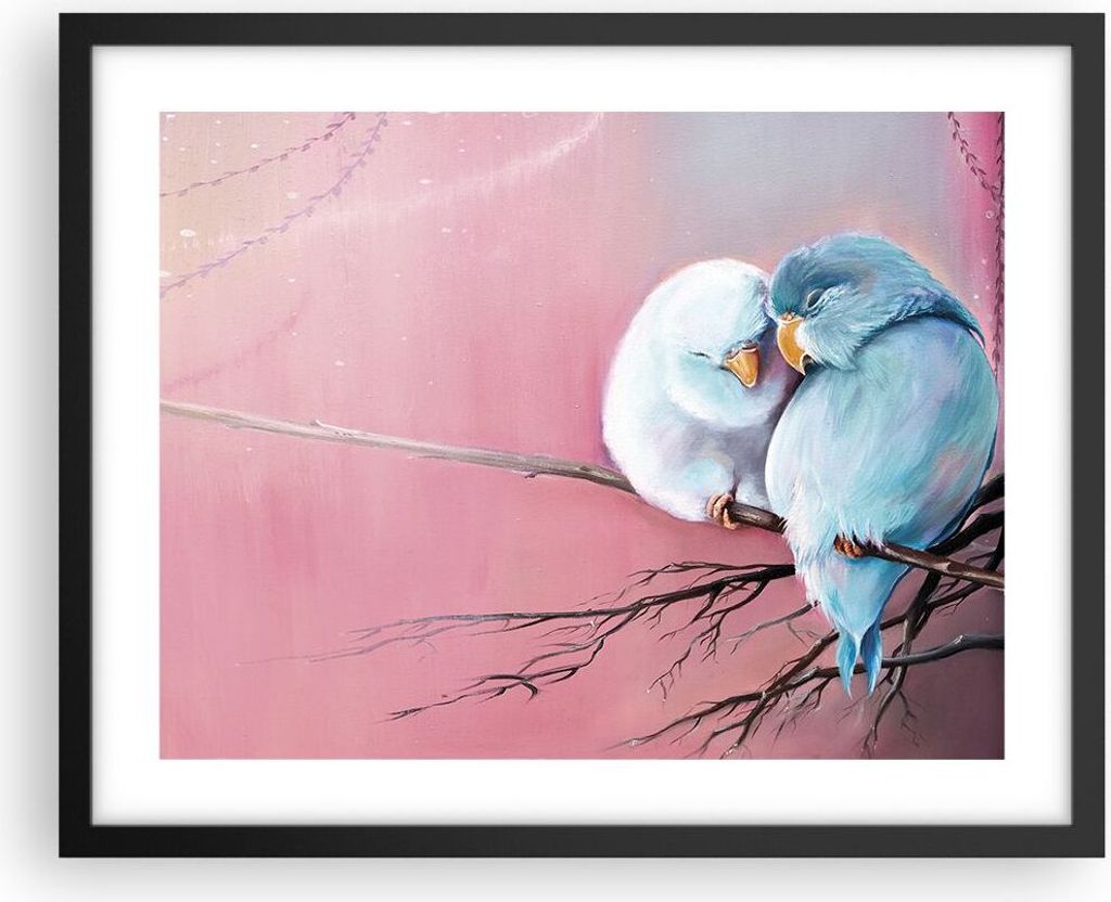 Gerahmtes Poster - Schwarzer Rahmen - Vögel Blau Zweig - 50x40 cm - Wand Bild - Wanddeko - Wandbilder - Kunstposter - Wandposter - Bilderrahmen - ...