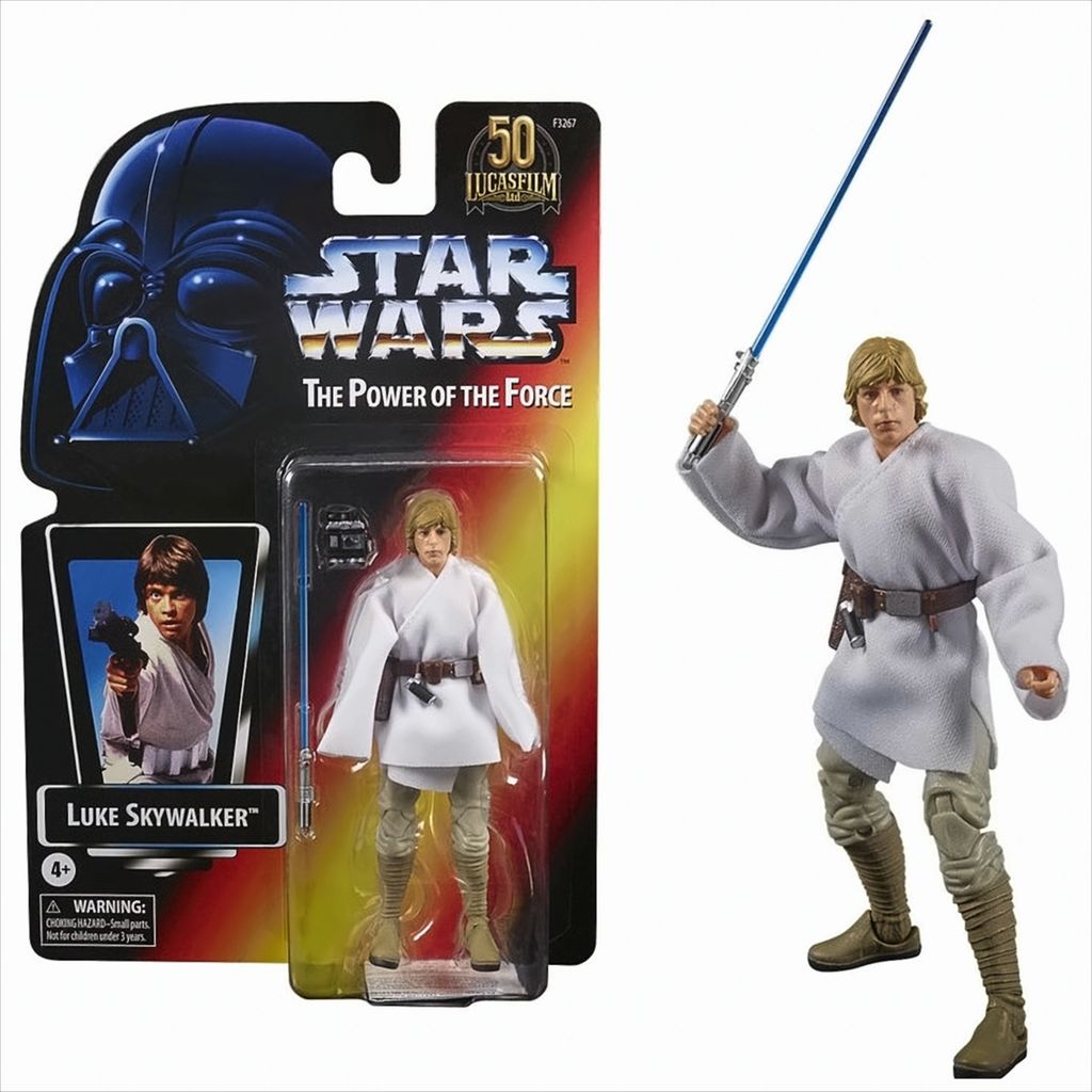 A Star Wars The Power of the Force Luke Skywalker action figure in its packaging and displayed outside of the packaging.