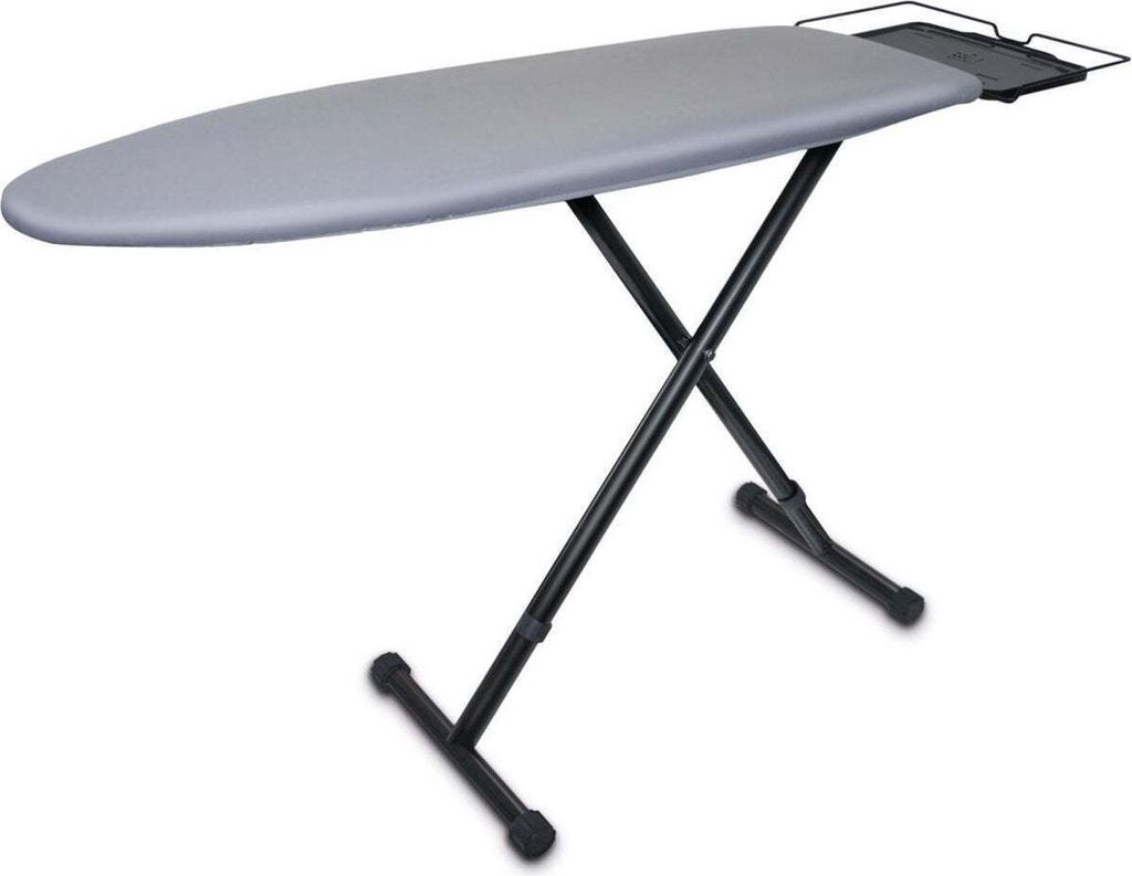 A studio shot of a gray ironing board with black legs against a white background.