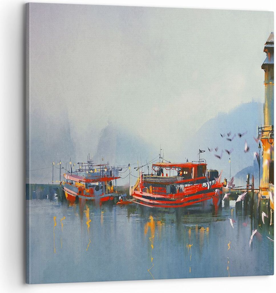 Bild auf Leinwand - Leinwandbild - Hafen Laterne Boot - 60x60cm - Wand Bild - Wanddeko - Wandbilder - Leinwanddruck - Bilder - Kunstdruck - Wanddek...