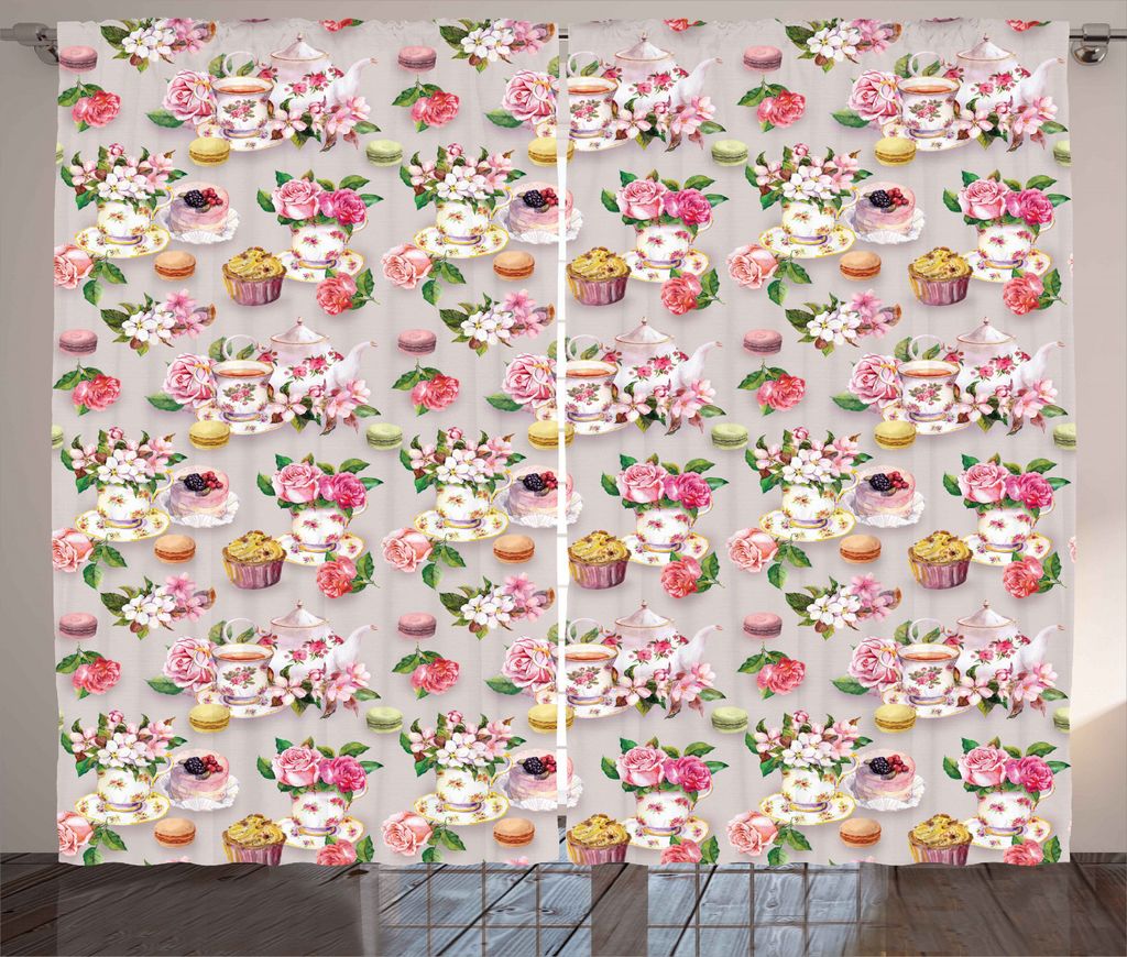 ABAKUHAUS Jahrgang Rustikaler Gardine, Antike Retro Tee-Set, Schlafzimmer Kräuselband Vorhang mit Schlaufen und Haken, 280 x 245 cm, Pale Pink Pink